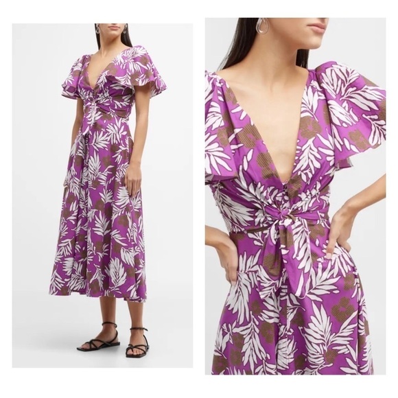 NWT TANYA TAYLOR Lonna Purple Tie Front Floral Poplin Midi Dress Size 20 Plus - Picture 1 of 16